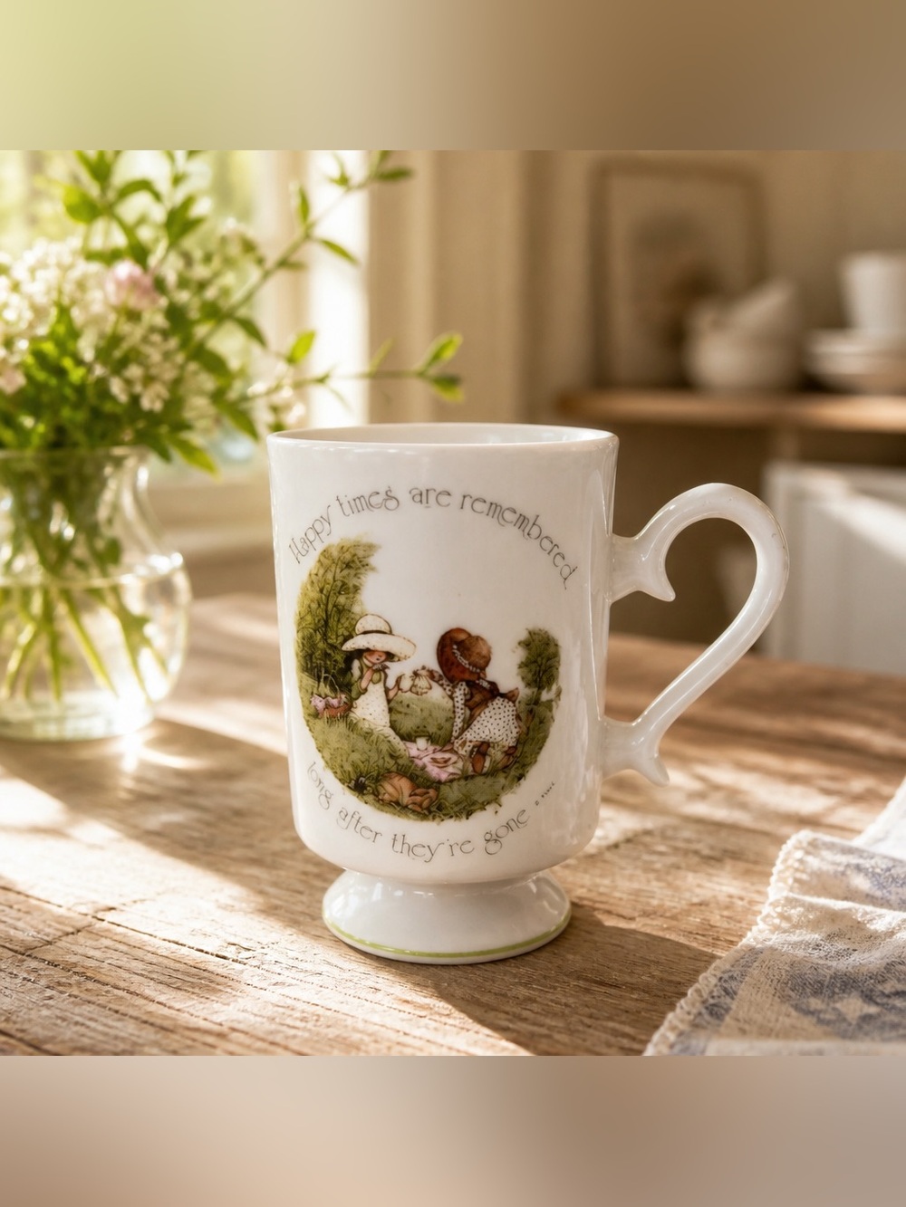 Holly Hobbie pedestal coffee mug, Happy Times are Remembered Long After They’re
